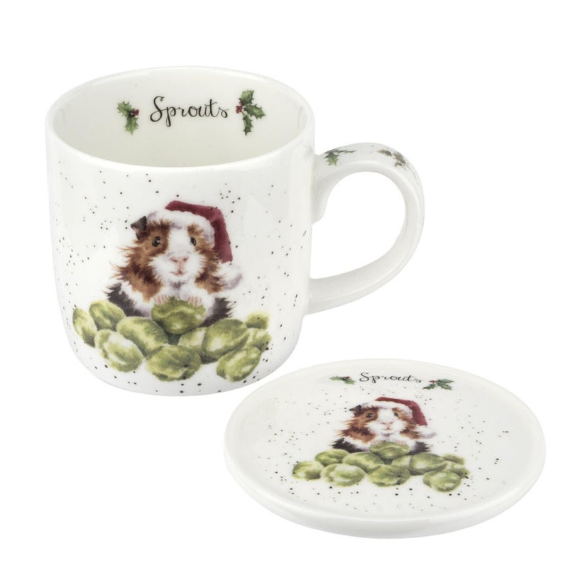 Royal Worcester Wrendale Designs Sprouts 11 Oz Mug & Coaster Set, Fine Bone China Coffee Mug with Adorable Guinea Pig in Santa Hat, Dishwasher & Microwave Safe - Festive Gift for Animal Lovers - Image 1